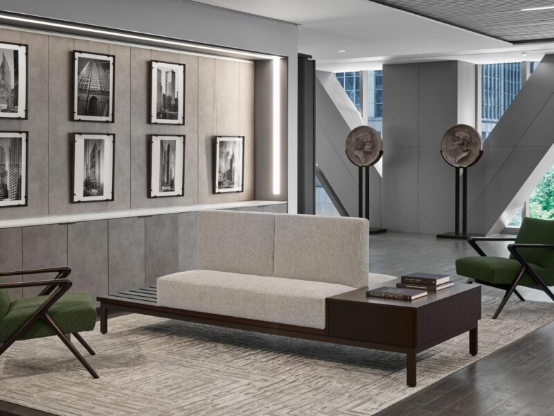 Spacious lobby incorporating SHIIR Rugs, Holly Hunt Lounge Chairs, Monochromatic Art, and Byzantine mosaics.